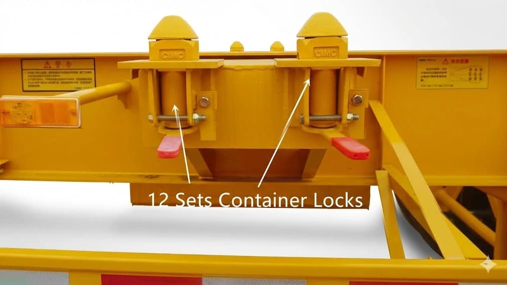 Detail of ISO container twist lock on Kales 40ft container chassis semi-trailer for secure transport.