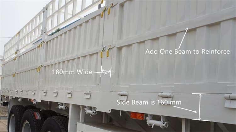 Kales fence trailer side structure featuring 160mm square tube edge beam, 180mm wide detachable posts, and middle pipe reinforcement.