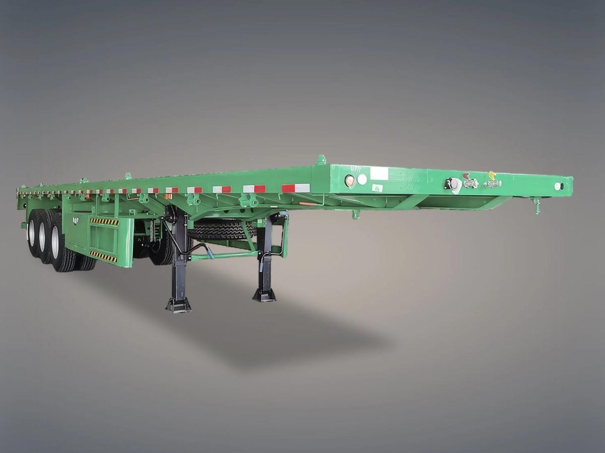 Front 45-degree view of Kales 40ft Container Flatbed Semi-Trailer featuring a robust open deck for versatile loading.