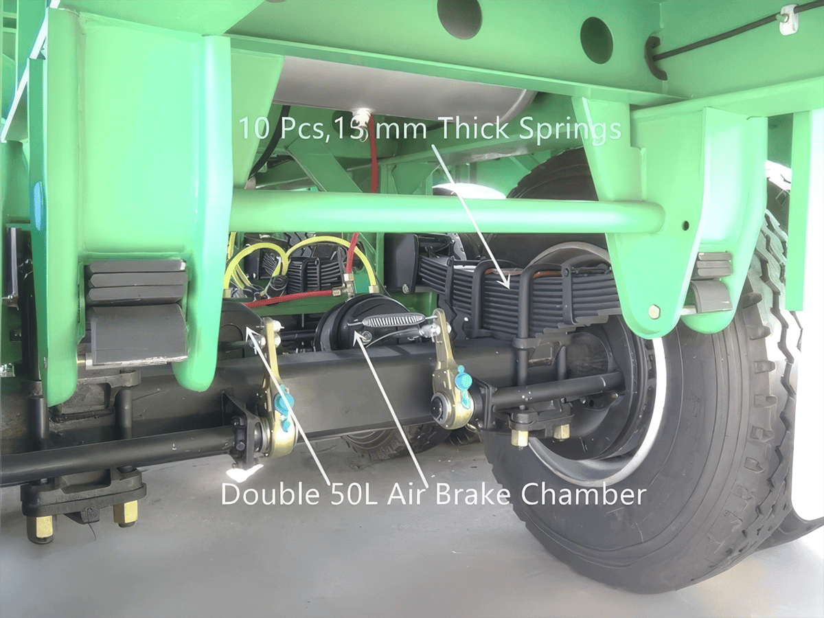 Reinforced 10x15mm leaf spring suspension and heavy-duty axles on Kales 40ft Flatbed Semi-Trailer.