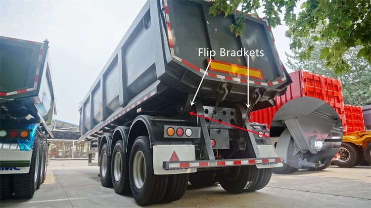Rear view of Kales 35m³ Dump Semi-Trailer showing reinforced rear tipping brackets and heavy-duty checkered-pattern tailgate.