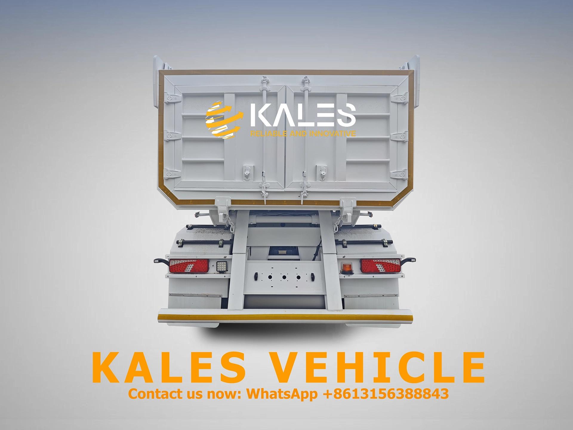 Kales Vehicle 60 ton dump trailer rear view showing reinforced double doors and protection guard.