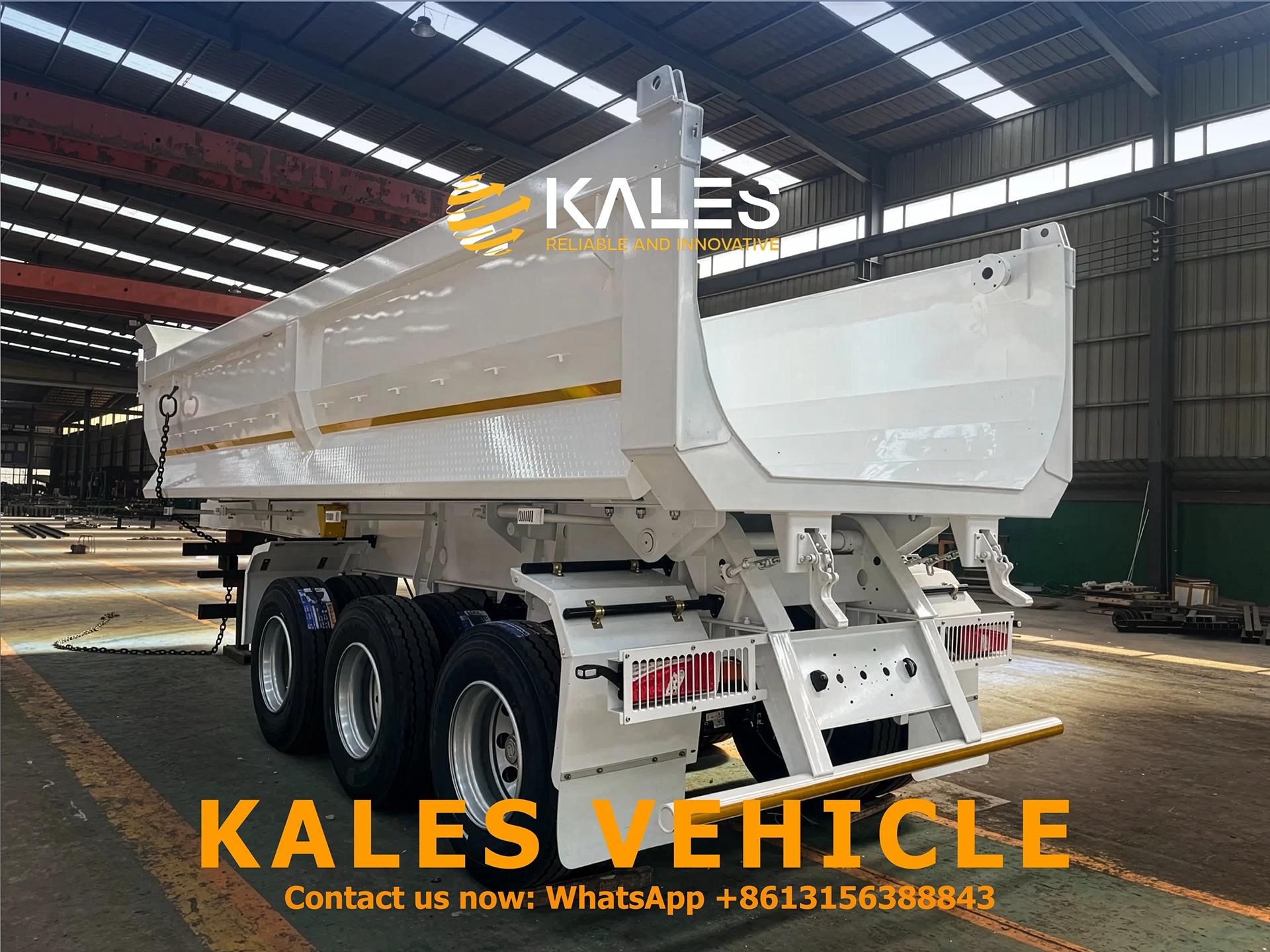 Newly completed Kales Vehicle 60 ton U-shape rear dump semi trailer in factory workshop.