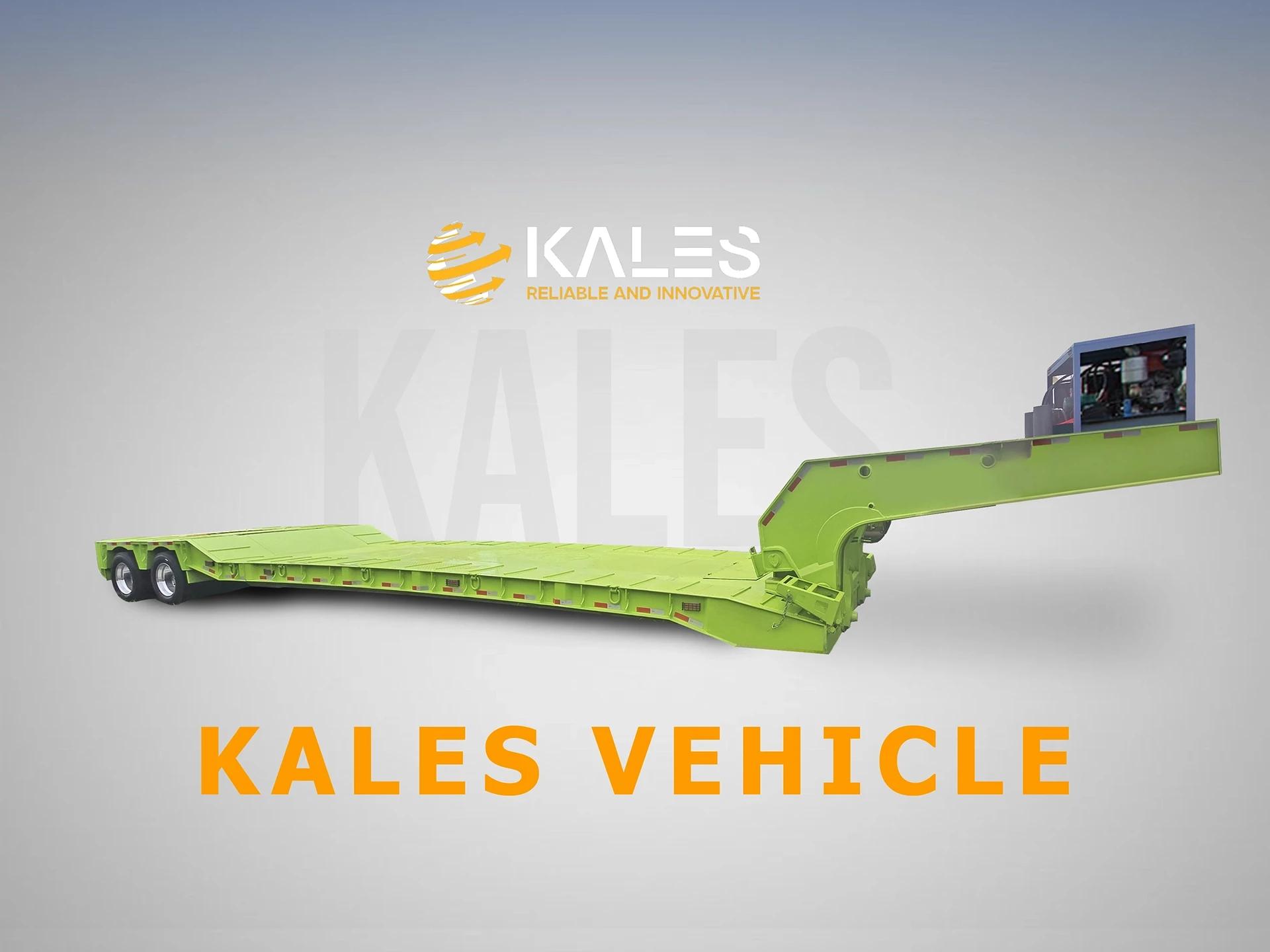 Front view of Kales 2-line-4-axle detachable gooseneck low bed semi-trailer with telescopic main beam ready for heavy transport.