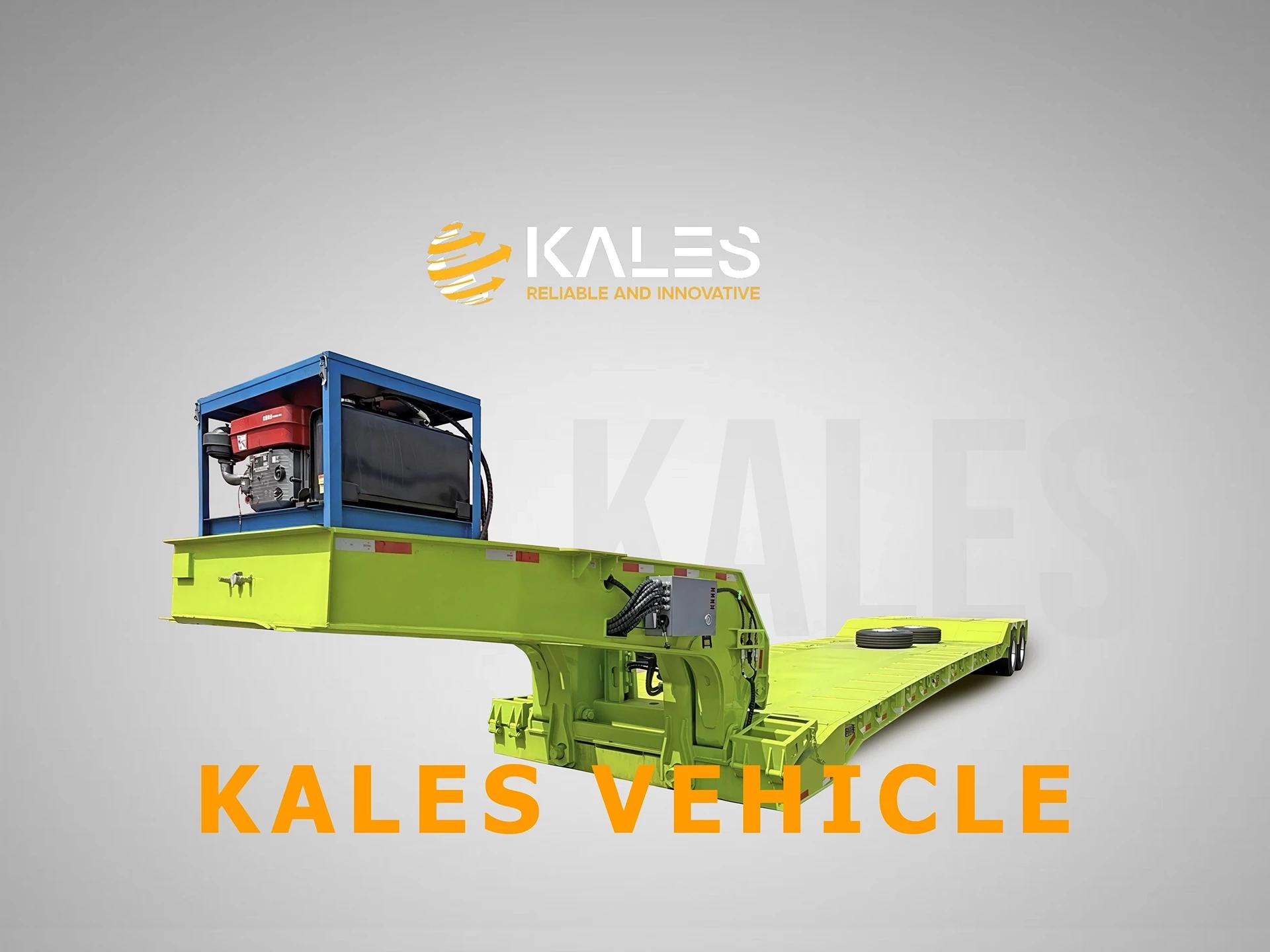 Front 45-degree view of 2-line-4-axle detachable gooseneck trailer equipped with self-contained diesel engine hydraulic power pack.