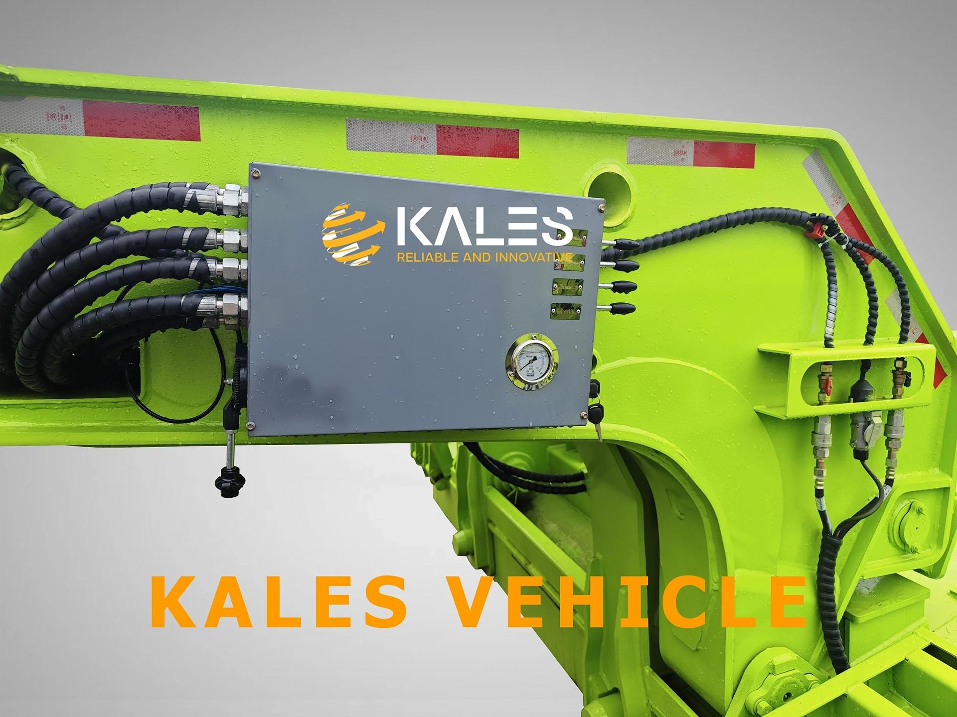 Detailed view of the hydraulic control valve system for operating the detachable gooseneck on Kales heavy-duty trailers.