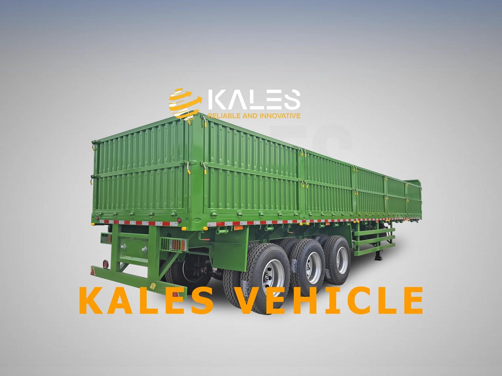 Isometric view of a 60 ton 3-axle general cargo truck trailer with drop sides, showcasing its robust structure