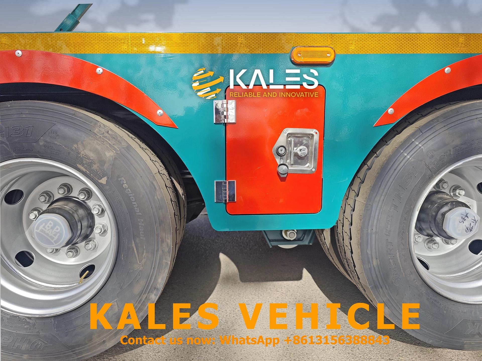 Close-up of premium BPW axles and heavy-duty tires on Kales 4-axle semi trailer.