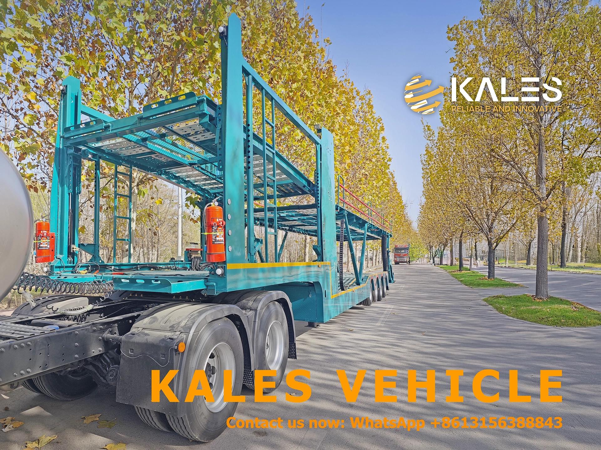 Front 45-degree panoramic view of Kales 4-axle car carrier trailer displaying double-deck loading platform.