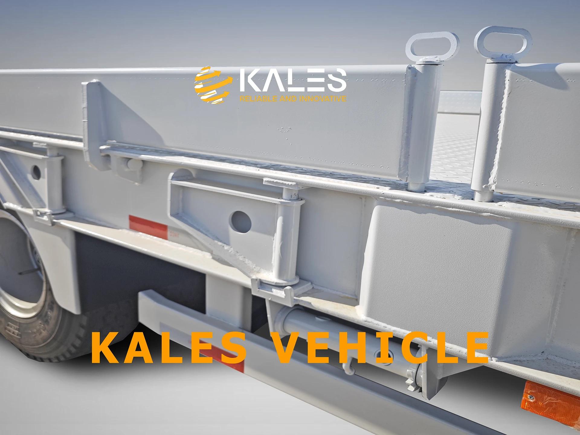 Side extension swing brackets and detachable drop sides on Kales 3-axle 80 ton lowbed trailer.