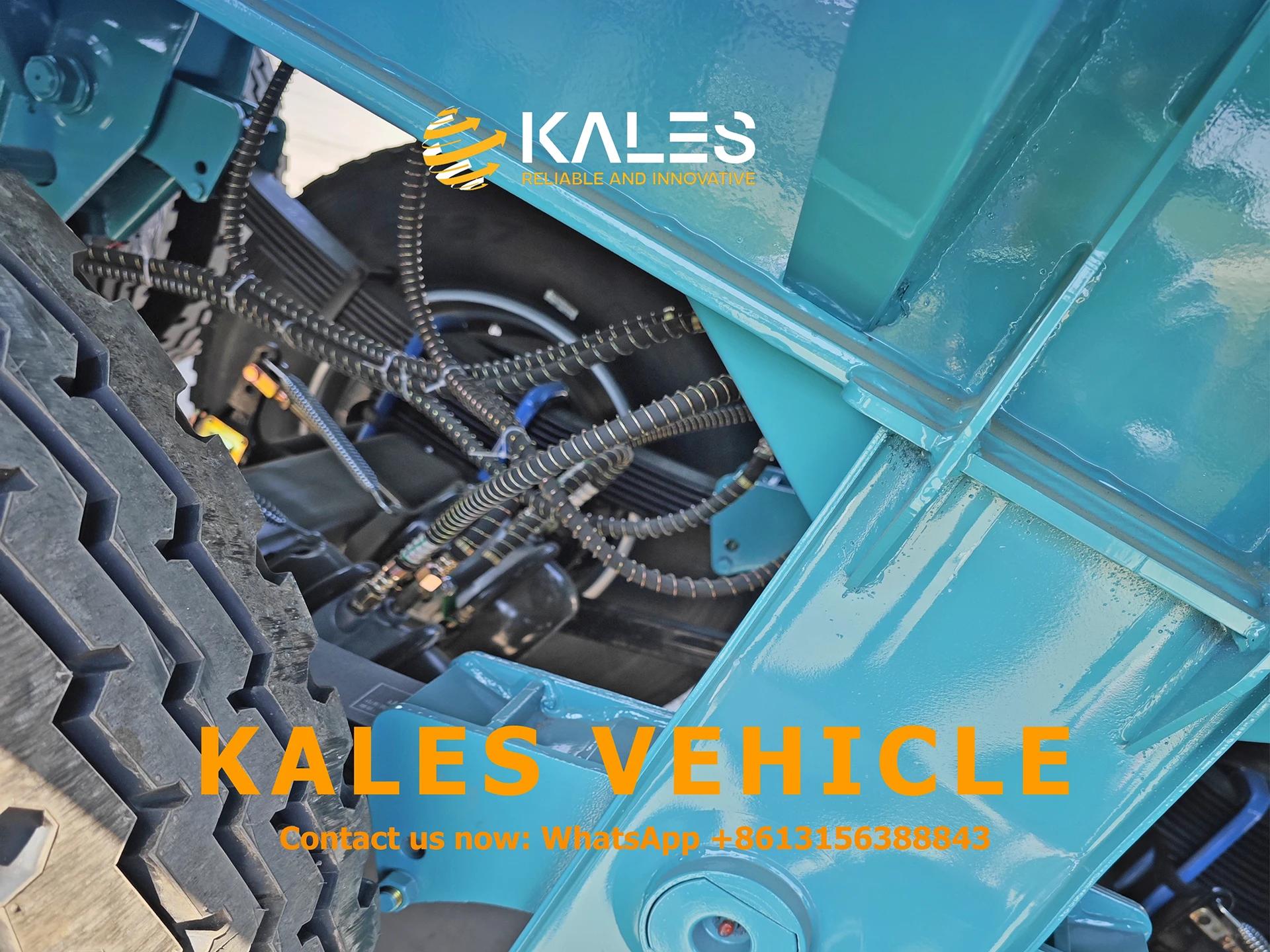 Close-up view of Kales 3-axle 40ft flatbed trailer's suspension system featuring a 13-ton axle and 10-layer steel spring suspension.
