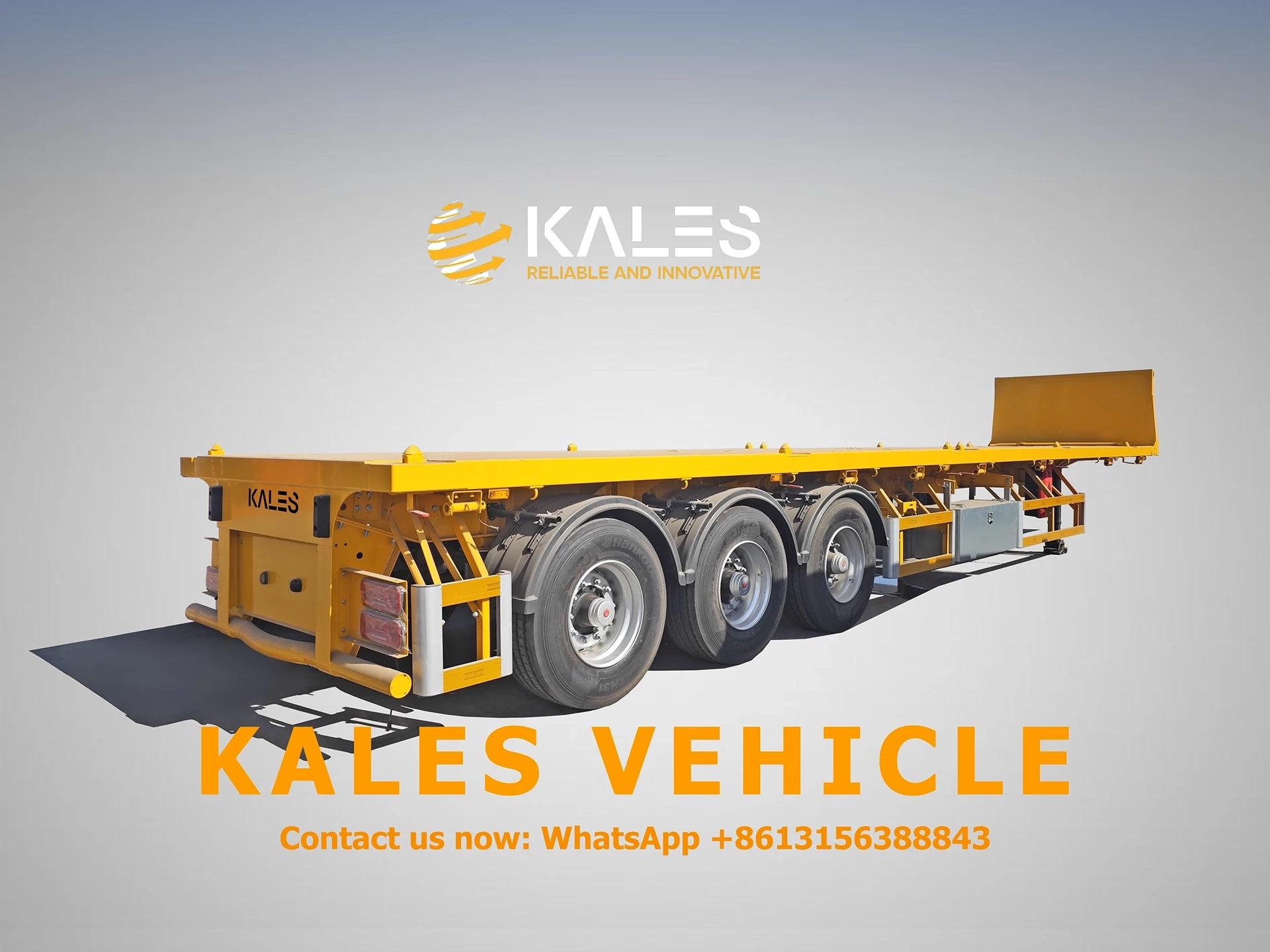 Front and side 45-degree view of Kales flatbed trailer showing T700 high-strength steel chassis structure.