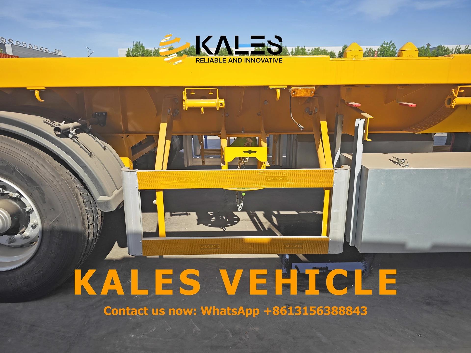 Side-mounted waterproof toolbox and dual spare tire carriers on Kales semi trailer.