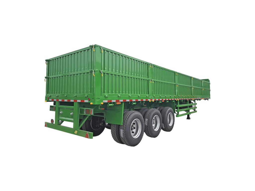 Three-quarter front view of Kales 3-axle dropside trailer ready for bulk cargo transport