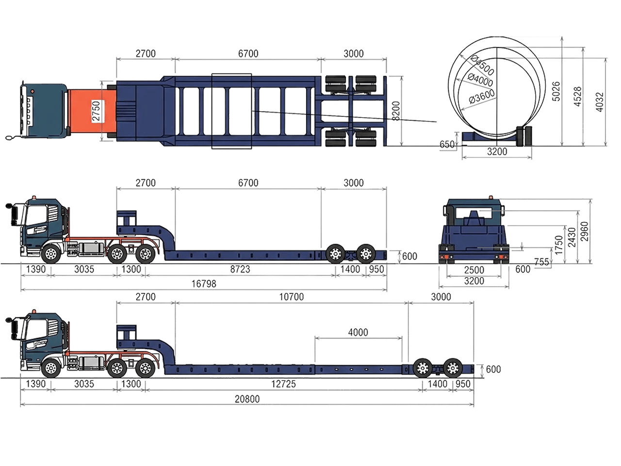 Engineering diagram detailing the critical measurements of a tractor truck chassis from Kales Vehicle, showing fifth wheel height (H), and front (R1) and rear (R2) turning radiuses to ensure a perfect semi-trailer match.