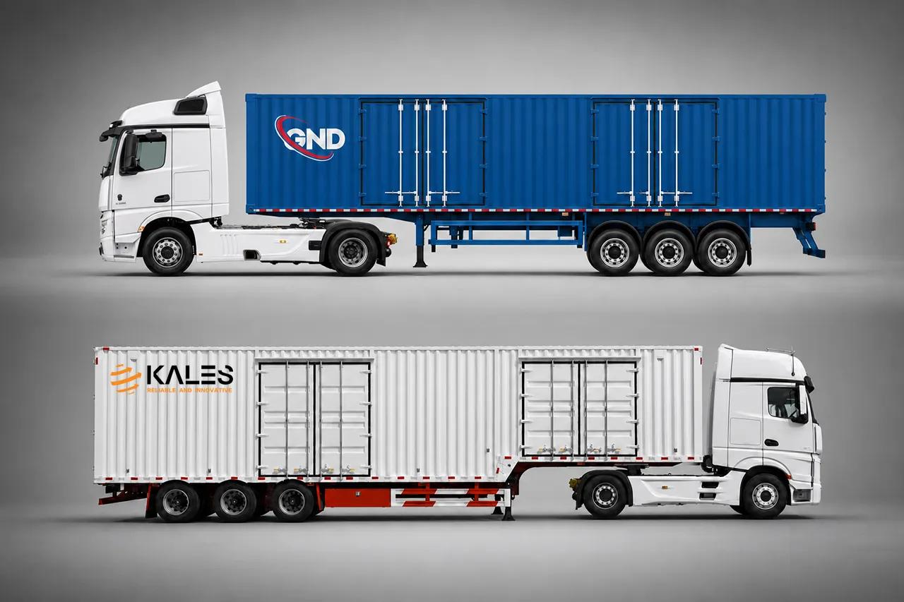Side-by-side engineering comparison of Kales Vehicle straight-frame box semi-trailer (1500 mm deck height) and gooseneck box semi-trailer (1280 mm deck height) on tri-axle chassis, with cargo volume utilization and load distribution overlay