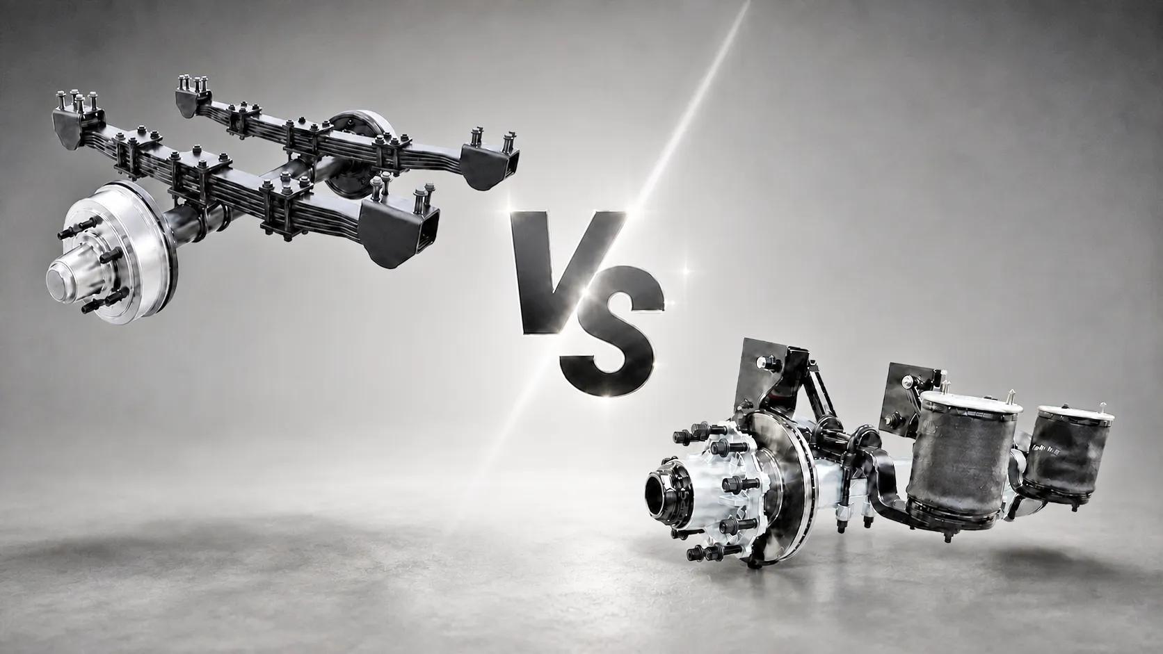 Side-by-side engineering comparison of Kales Vehicle multi-leaf spring suspension (13 tons per axle, left) and four-bag air suspension (11 tons per axle, right) on tri-axle semi-trailer chassis, with rated load and travel envelope overlay