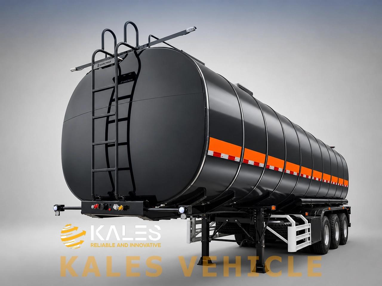 Front 45-degree view of an asphalt tanker trailer with JOST landing legs and side guards