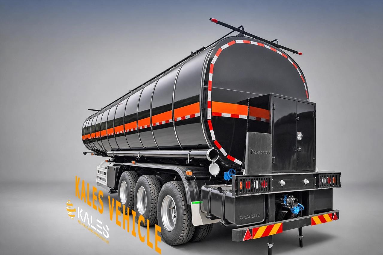 Rear 45-degree view of an asphalt tanker trailer showing the heating system and fuel tank