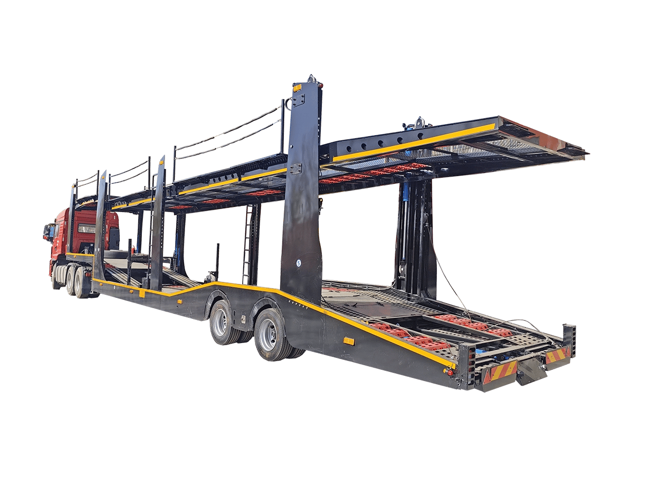Key features of the Kales European 8-car carrier trailer, highlighting the high-strength skeletal frame, double-deck loading platform, and advanced hydraulic lifting system for efficient vehicle transport.