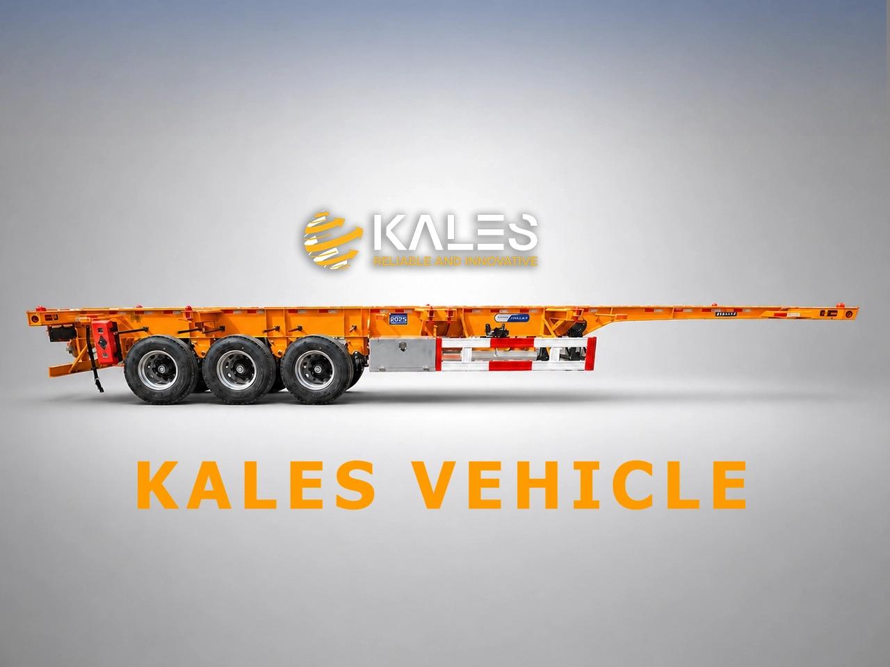 Side view of tri-axle skeletal trailer with air suspension and metal toolbox