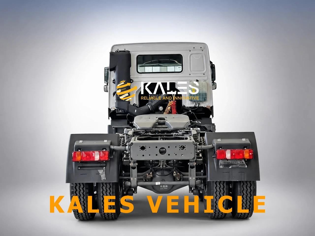 Rear view of Kales refurbished HOWO 6x4 tractor head highlighting fifth wheel and rear axles.