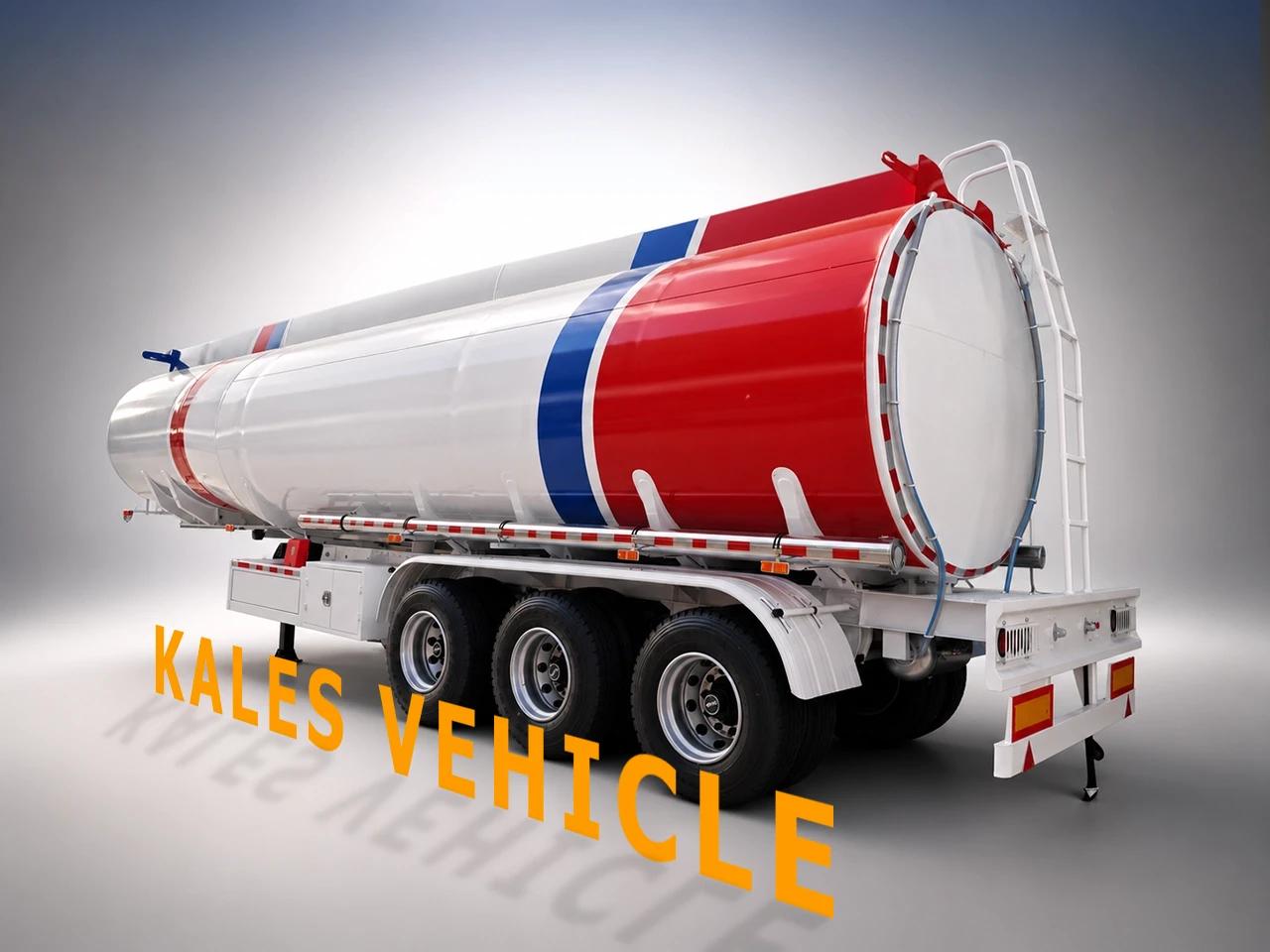 Rear quarter view of a 45,000L oil tanker trailer with discharge pipeline