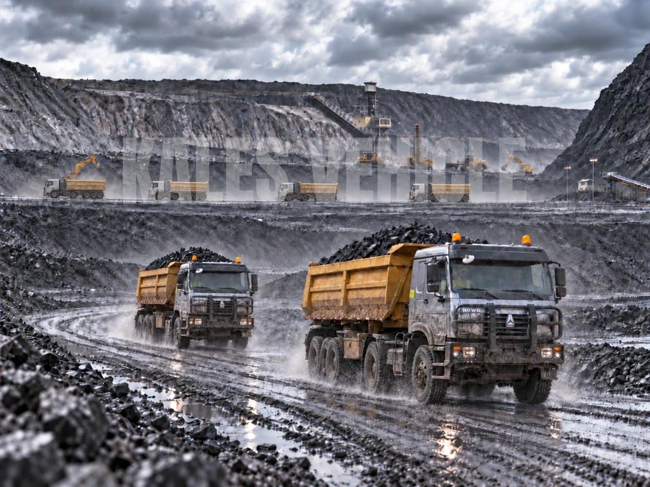 Kales 60-ton U-shape rear dump semi-trailer hauling blasted rock at an open-pit gold mine jobsite in Tanzania with zero downtime after one month of continuous operation