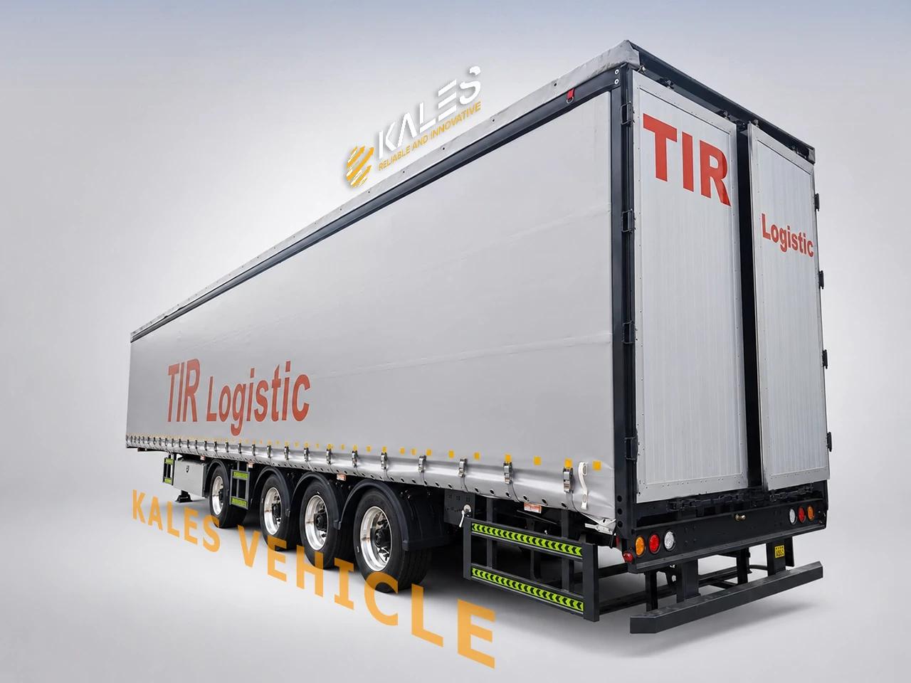 Rear three-quarter panoramic view of Kales 120m³ curtain-side semi-trailer displaying modular aluminum rear doors