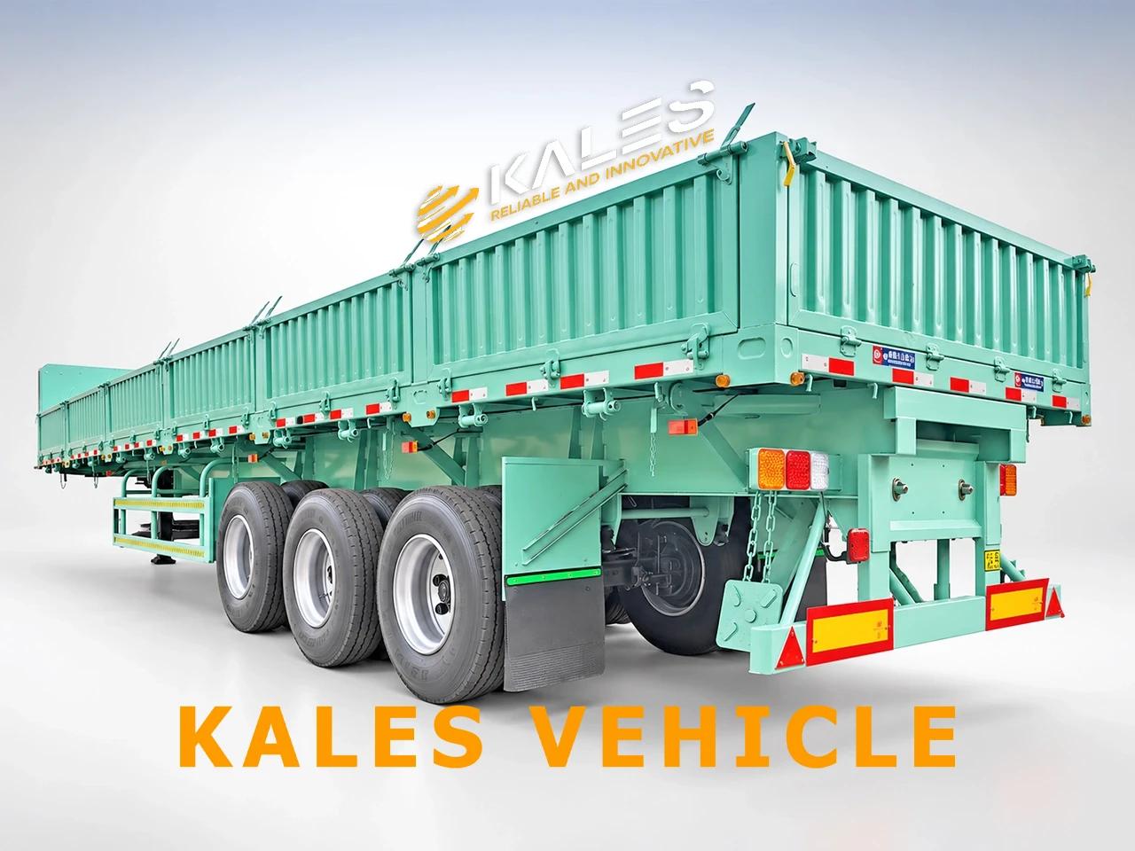 Rear three-quarter 45-degree panoramic view of Kales 13.5m dropside tipper trailer