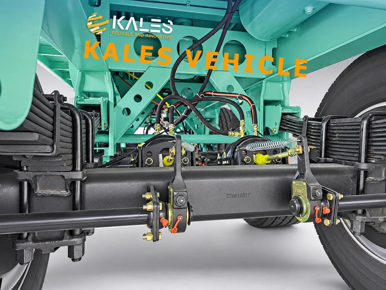 Close-up of Kales 13-ton heavy-duty axles with reinforced multi-leaf spring suspension hangers