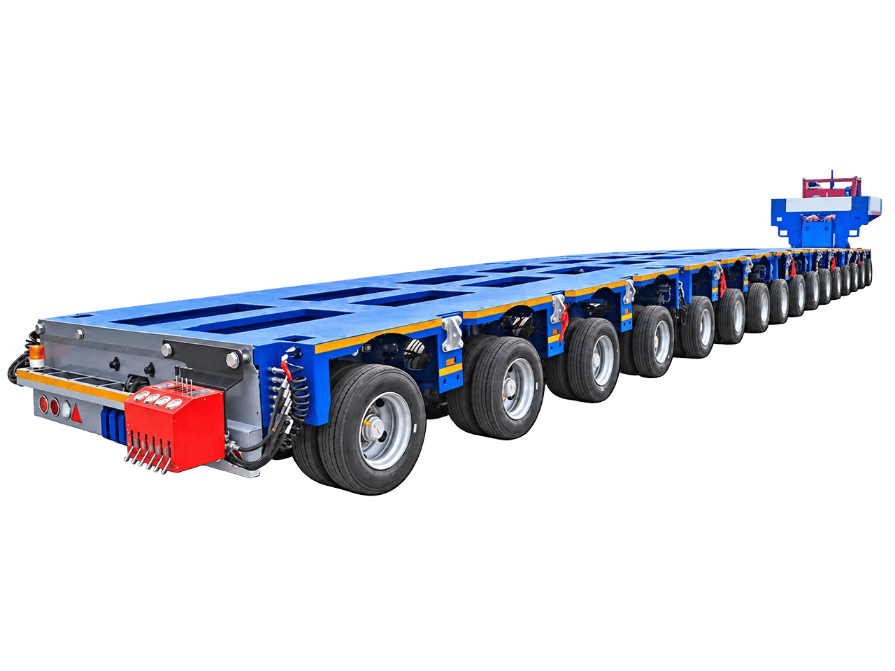 「Kales 16-Axle Line (32-Pendular Axle) Nicholas Type Hydraulic Modular Trailer, features Q690 high-tensile steel main beam for extreme heavy haulage of 400-ton transformers and petrochemical reactors. Shown with drawbar and modular coupling interface.」