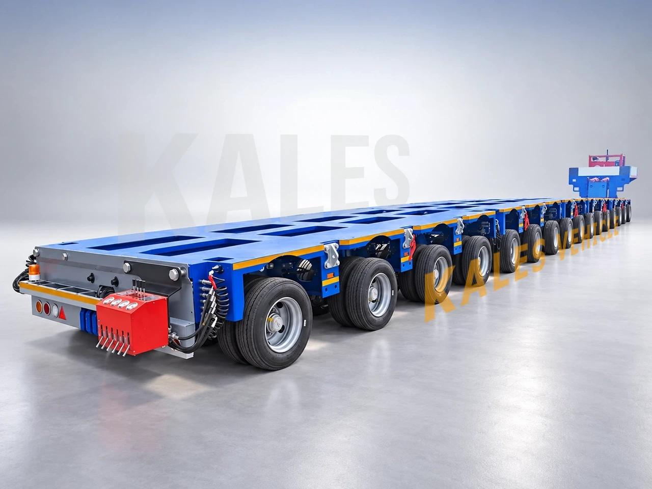 Rear three-quarter perspective of KALES 16-line 32-axle hydraulic platform trailer highlighting 128 tires, multi-axle steering linkage, and heavy cargo deck.