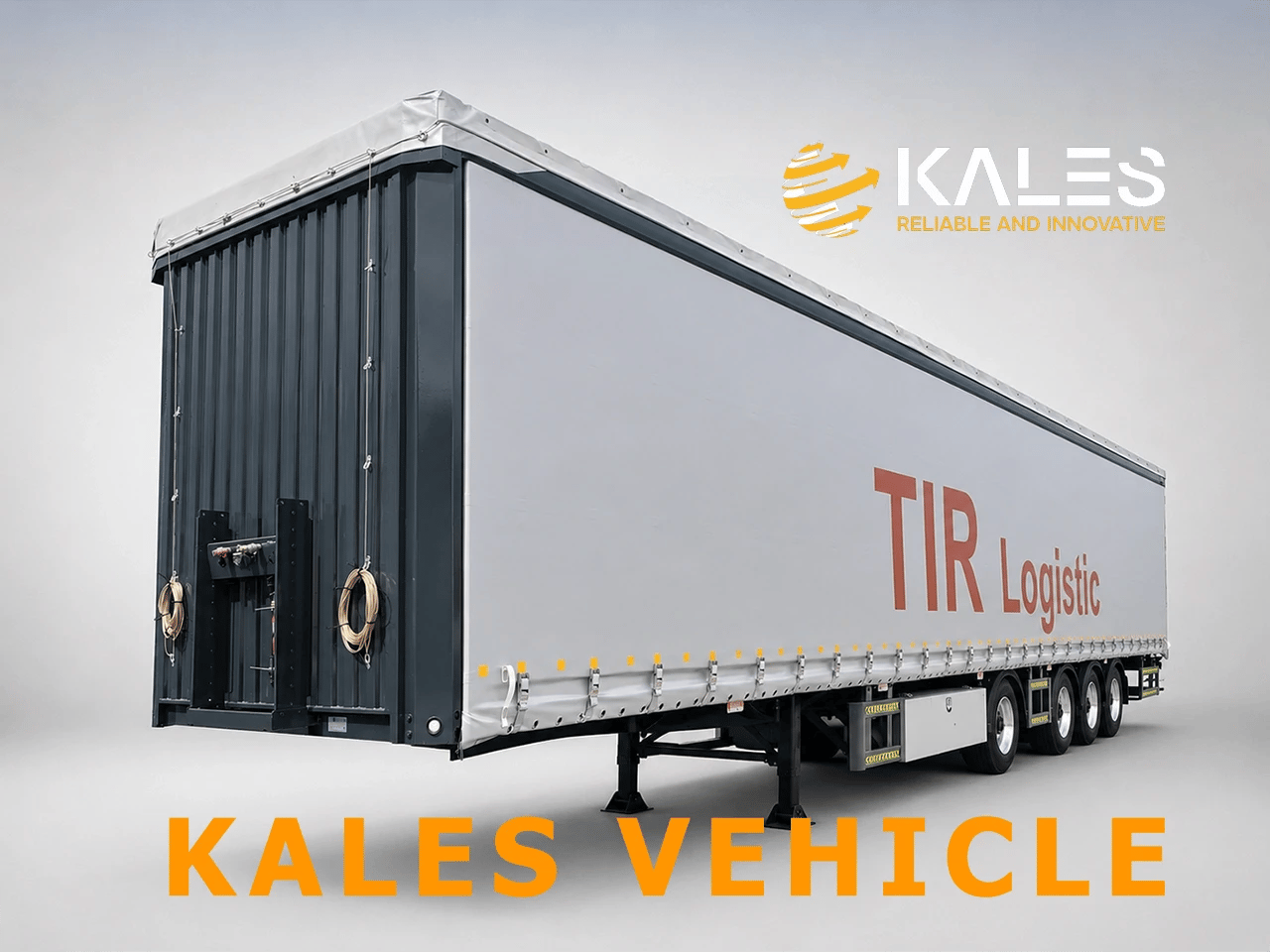 Kales 17.5m 4-axle curtain-side semi-trailer front three-quarter view showing 900-series sliding curtain and front bulkhead