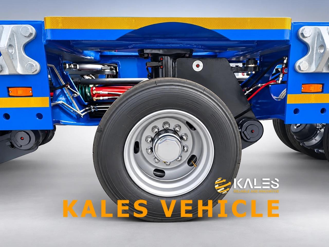 Close-up of KALES CTC pendular swing hydraulic suspension unit showing 470mm lifting stroke cylinder and heavy-load bearing hub for rough-road leveling.