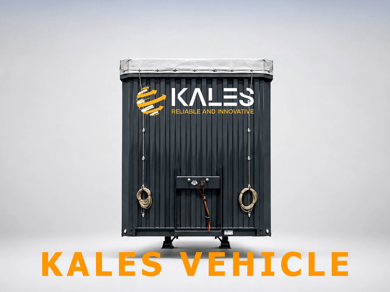 Front direct view of Kales 17.5m curtain trailer highlighting reinforced corrugated steel front bulkhead and air couplings