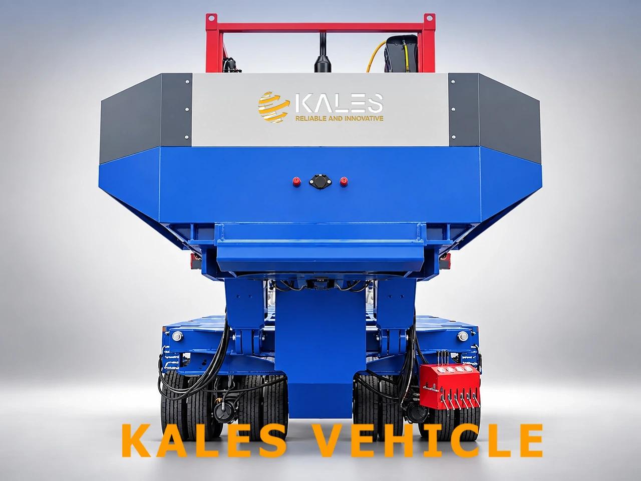 Front elevation view of KALES Goldhofer style hydraulic modular trailer showing 90# heavy-duty kingpin, hydraulic connection interface, and front coupling flange.