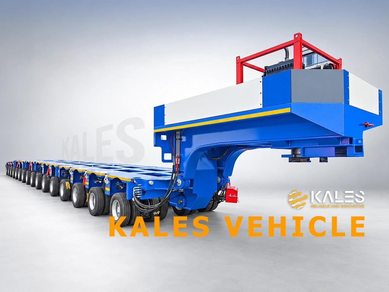 Front three-quarter overall view of KALES heavy haul hydraulic modular trailer with hydraulic gooseneck attached for transformer and wind tower transportation.