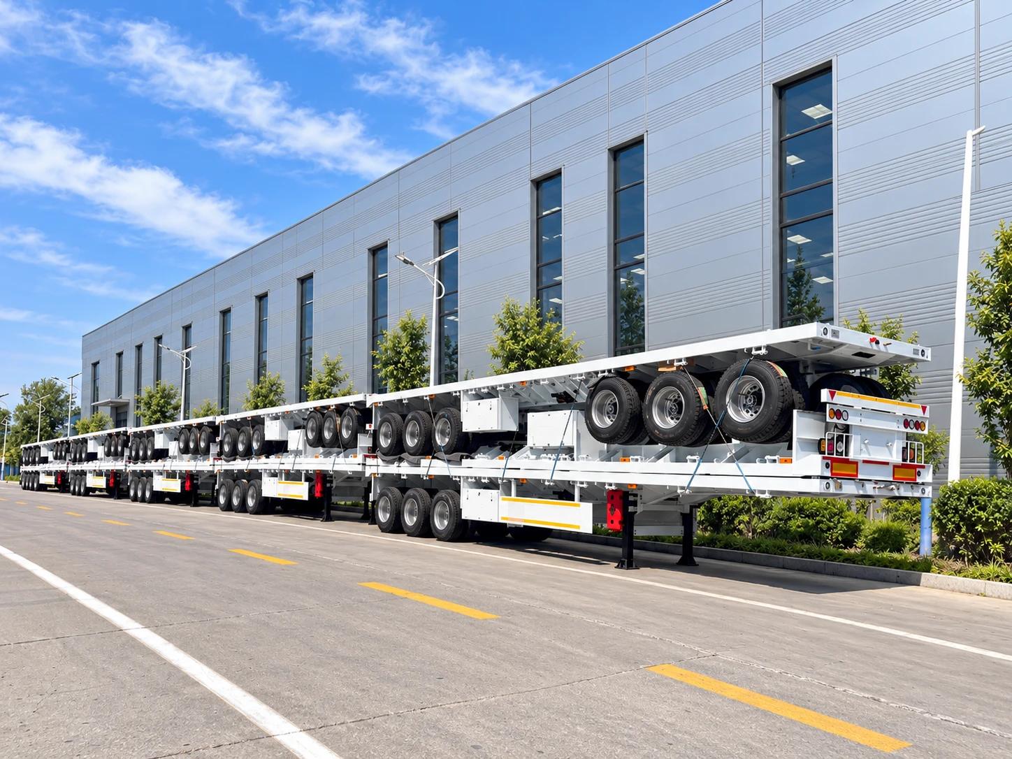 Front view of 15 Kales 3-axle 40ft container flatbed semi-trailers packed in five stacks of three for shipment to Nigeria.