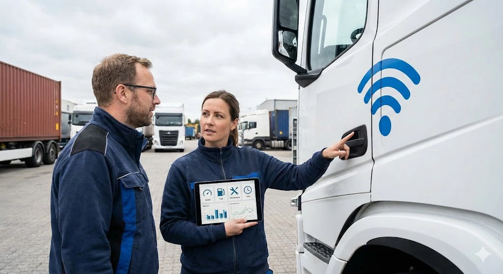 Slash Fuel Costs: How to Save $5,000+ per Truck Annually on Fuel Efficiency 3 Fleet workers analyzing dashboard metrics on a tablet using GPS fleet tracking systems to lower idle times.