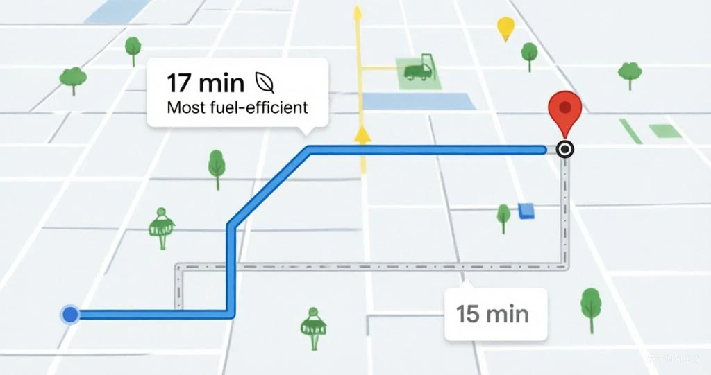 Slash Fuel Costs: How to Save $5,000+ per Truck Annually on Fuel Efficiency 5 A Kales fleet navigation interface showing a route comparison, prioritizing the most fuel-efficient 17-minute path.