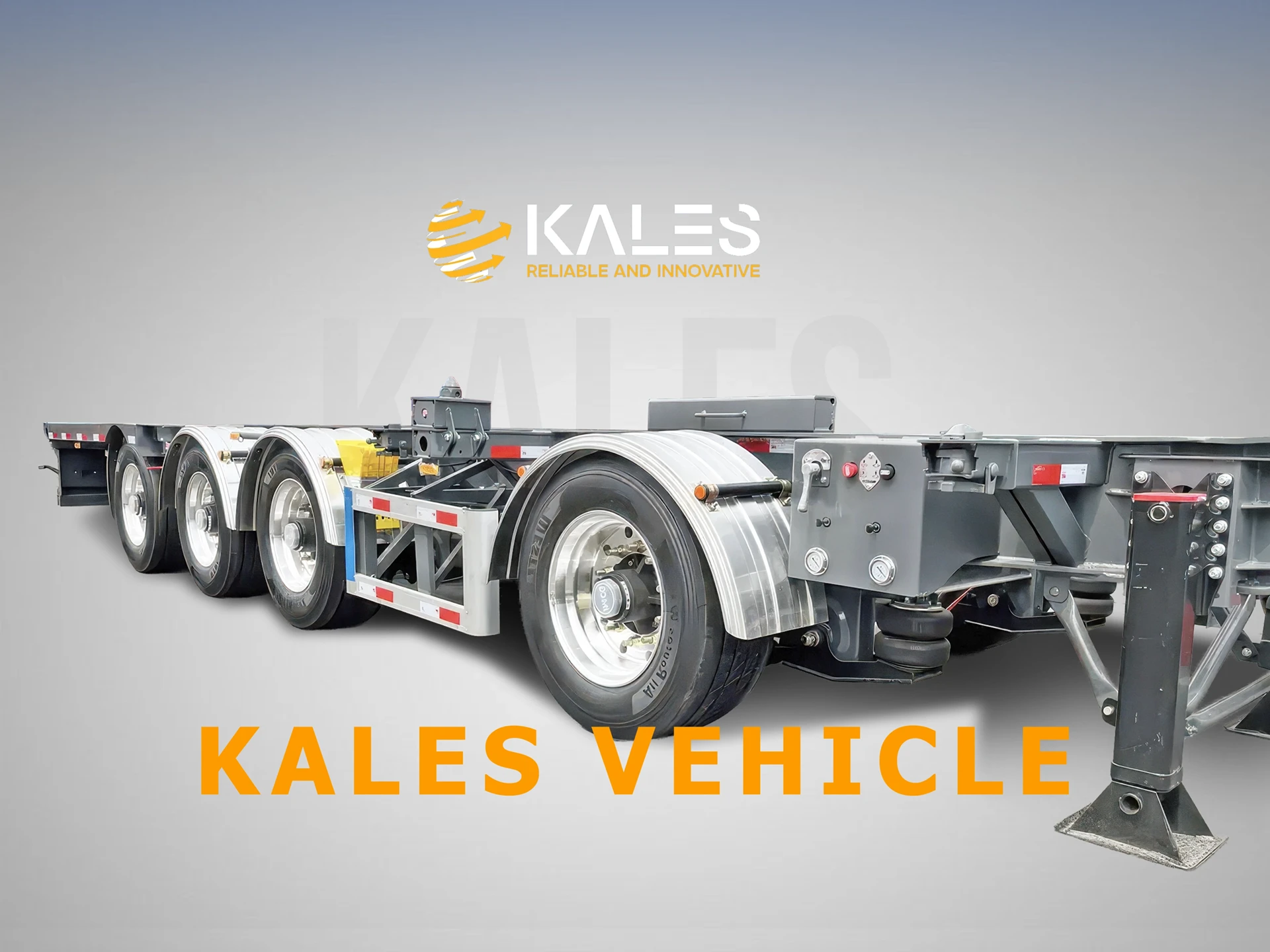 Side view of Kales 40ft container chassis equipped with 4 axles and air ride suspension