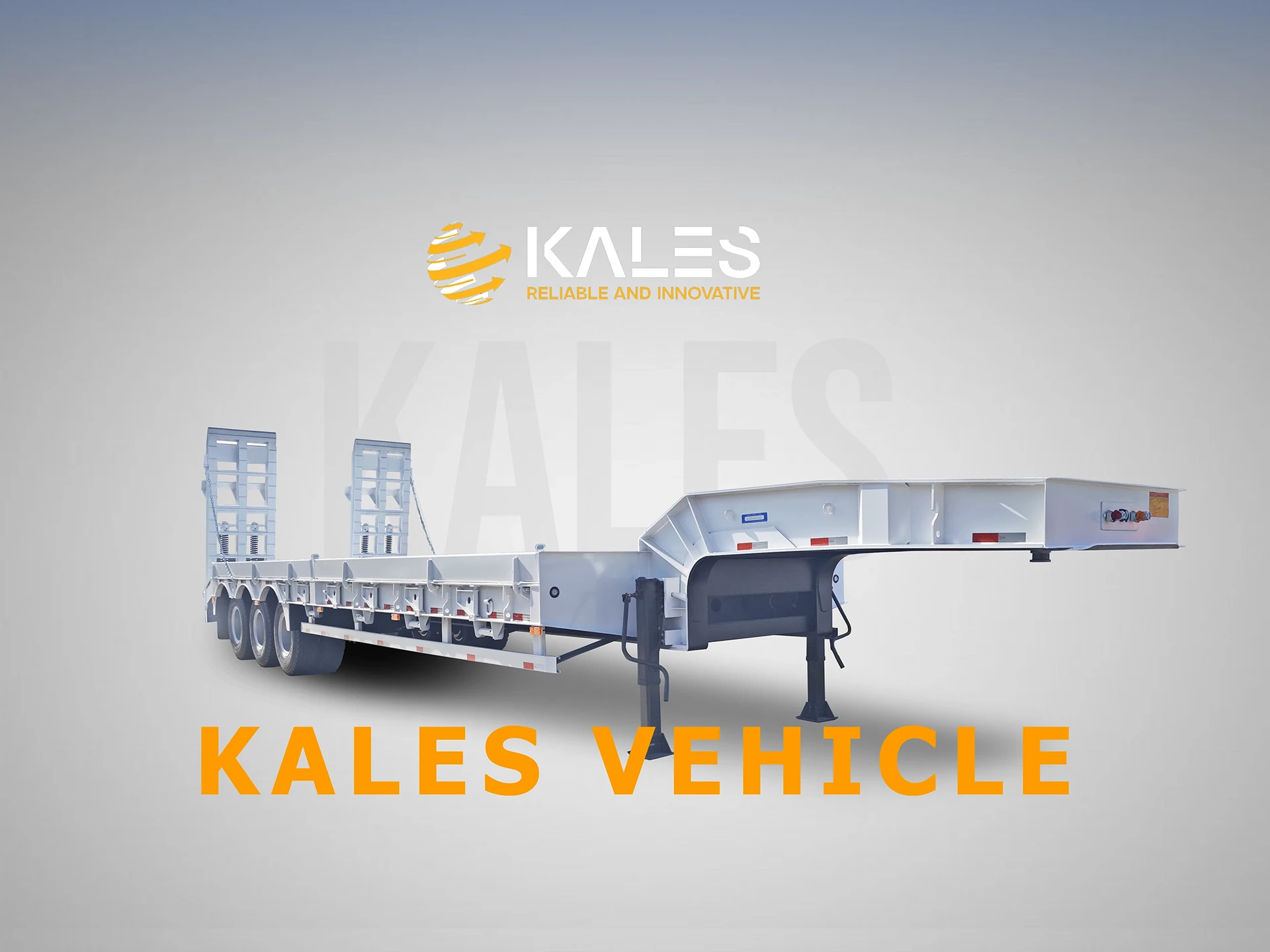 Semi-remorque Surbaissée Kales 80 Tonnes : Plateau Extensible (2,5m à 3,0m) & Pneus Renforcés 5 Vue avant remorque Kales 80 tonnes montrant le col de cygne renforcé