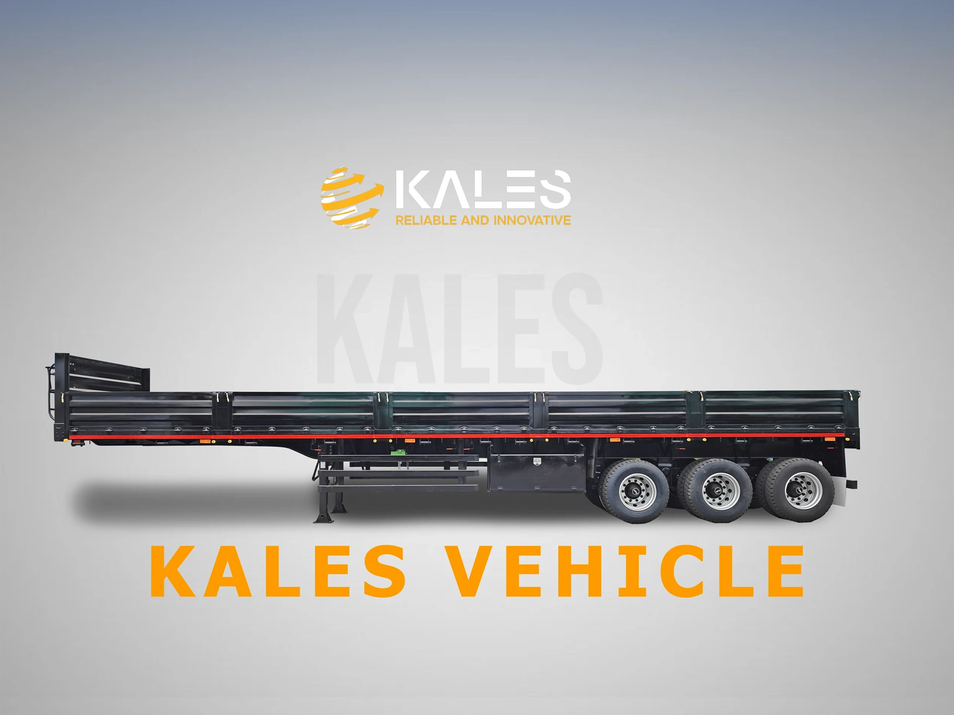 Kales 3-Axle Drop-Side Flatbed Trailer – Heavy-Duty Versatility for Containers, Bulk Cargo & General Freight 1 Side view of a 45 ton payload side wall cargo trailer showing heavy duty chassis.