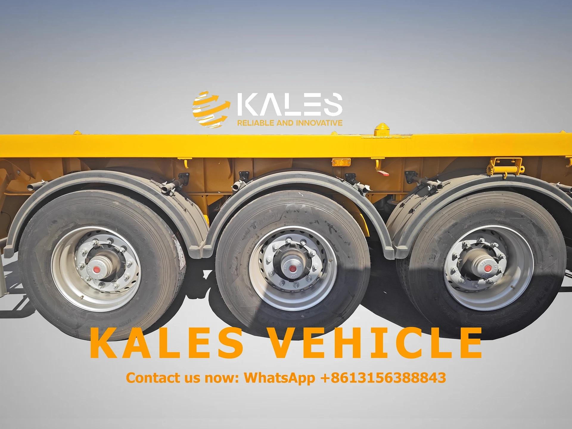 Kales Tri-axle Flatbed Semi Trailer: 40ft/45ft Container Chassis (SASO Certified) 7 Close-up of wear-resistant 12R22.5 tires and durable steel rims
