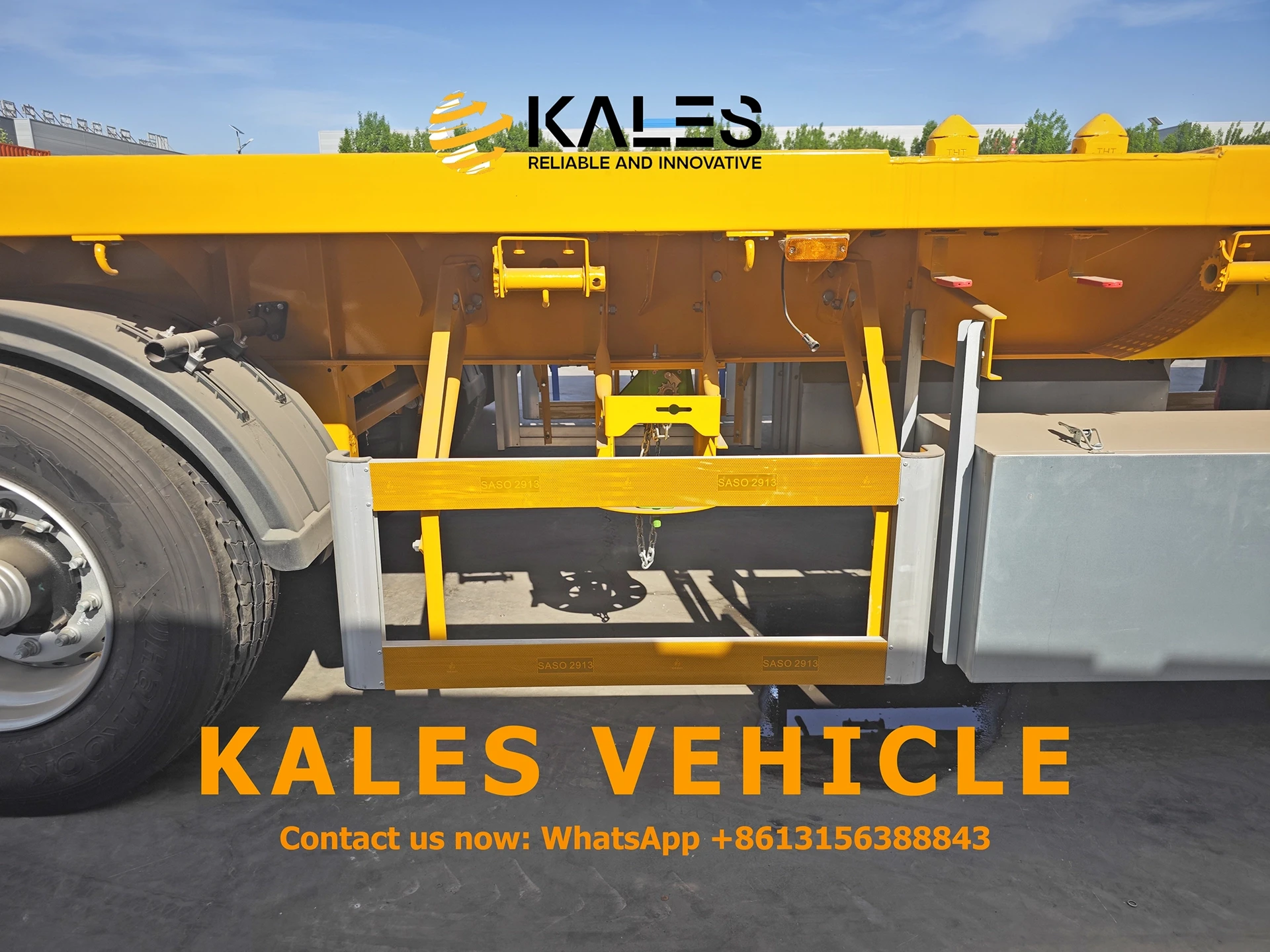 Kales Tri-axle Flatbed Semi Trailer: 40ft/45ft Container Chassis (SASO Certified) 8 Side-mounted waterproof toolbox and dual spare tire carriers on Kales semi trailer.