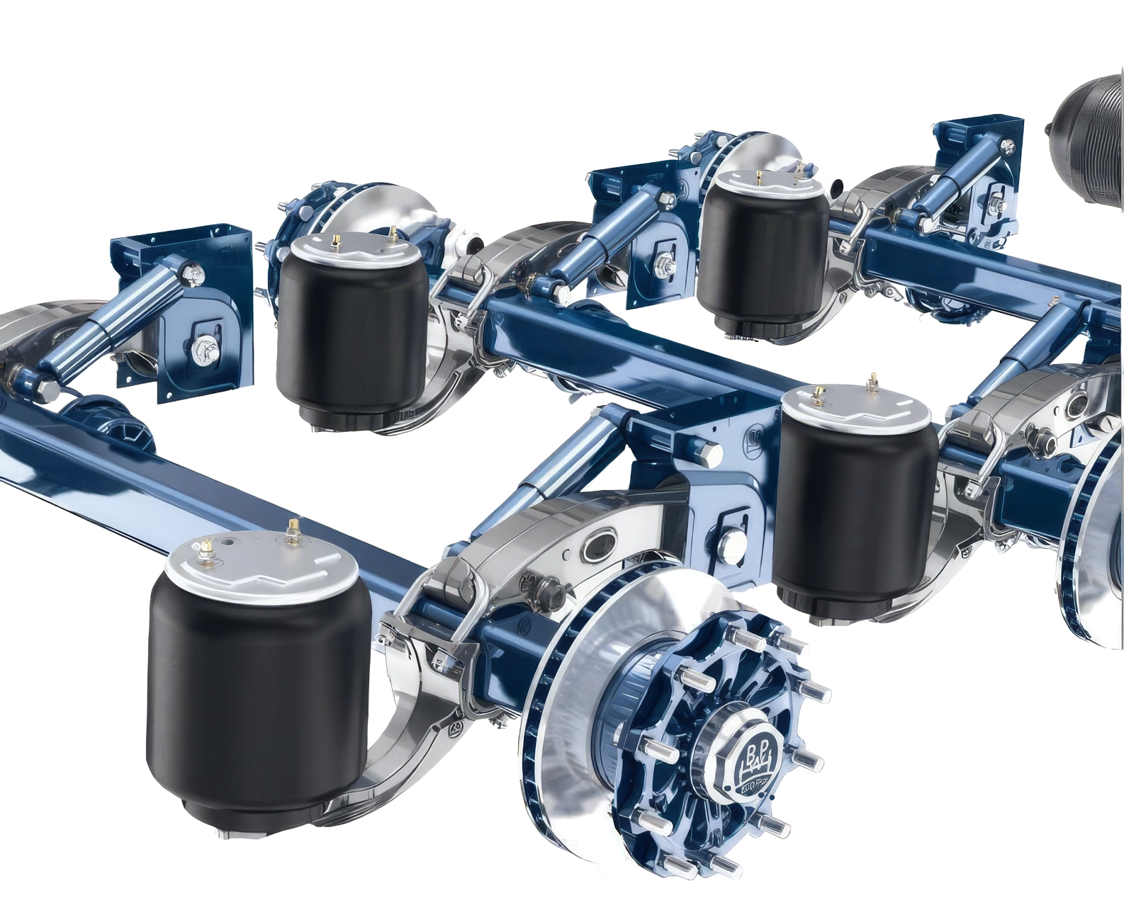 Semi-trailer axle assembly showing brake-end hardware near the chamber and valve area where local trailer response is created.
