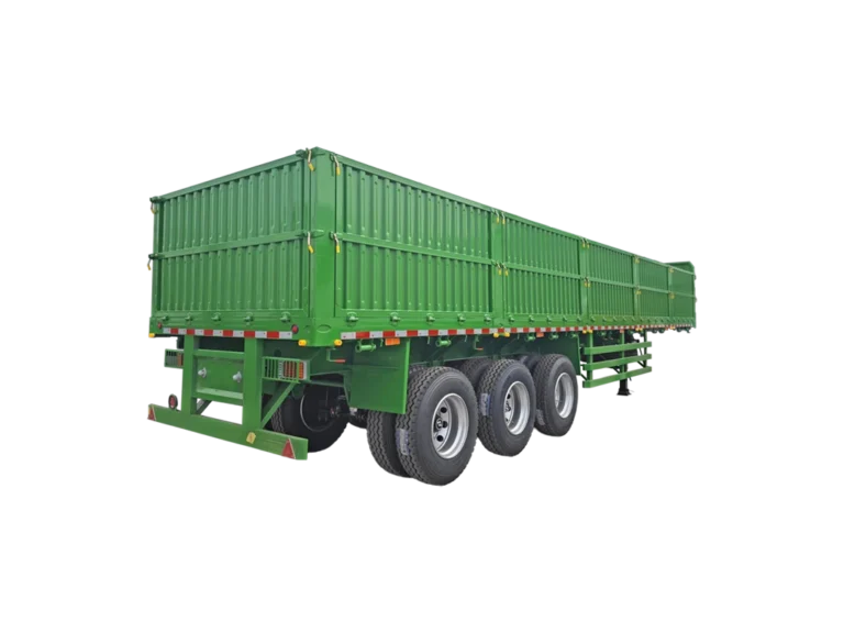 Three-quarter front view of Kales 3-axle dropside trailer ready for bulk cargo transport