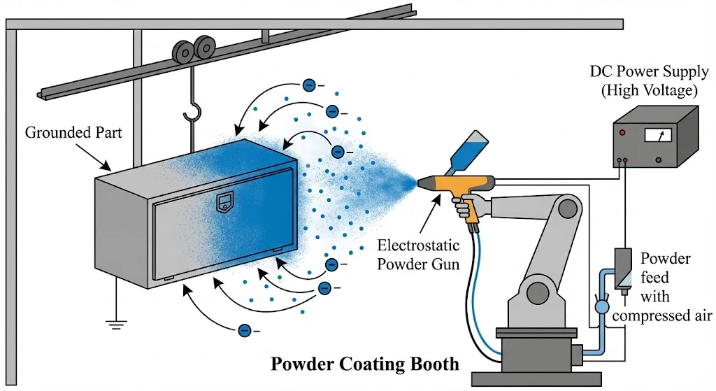 Semi-Trailer Painting Full Analysis (2025 Edition): From Manual Brushing to Powder Coating 3 Diagram showing the electrostatic powder coating mechanism applied to Kales trailer parts, where a spray gun applies charged powder onto a grounded metal component.