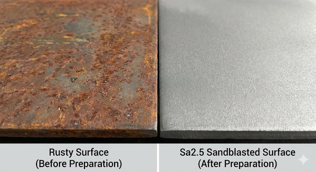 Semi-Trailer Painting Full Analysis (2025 Edition): From Manual Brushing to Powder Coating 5 Side-by-side comparison of a rusty steel surface and the clean, silver-grey Sa2.5 sandblasted surface standard strictly followed by Kales Vehicle.